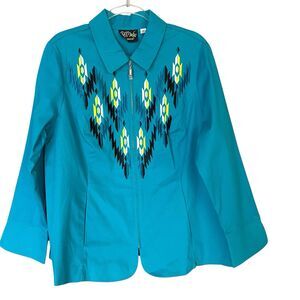 Bob Mackie Aztec Jacket Women Plus Size 1X Teal Embroidered Blazer Full Zip Boho